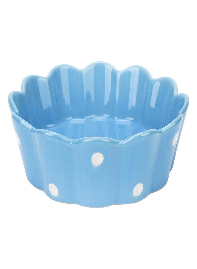 BUNCHBRAVO Ceramic Cat Bowl, Scalloped Edge with White Polka Dots – Pet Feeding Dish with Anti-Slip Base for Cats and Small Dogs, Blue - Image 1